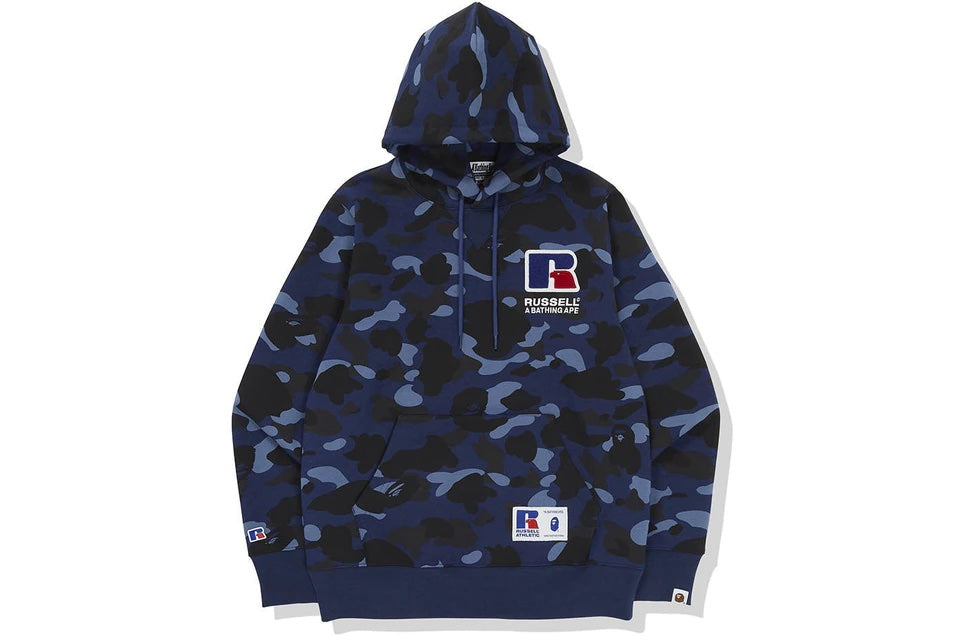 BAPE x Russell Color Camo College Pullover Hoodie Blue