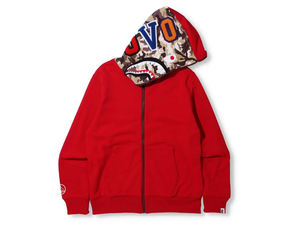 BAPE x OVO Woodland Camo Shark Reversible Full Zip Hoodie Red