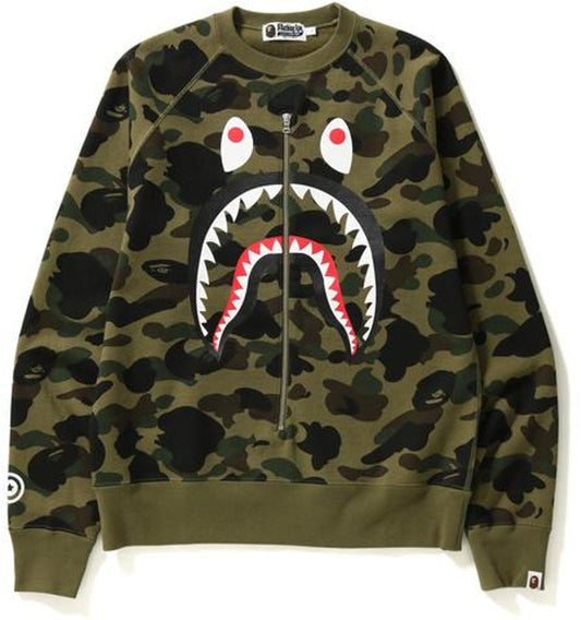 BAPE 1st Camo Metal Zip Shark Crewneck Green