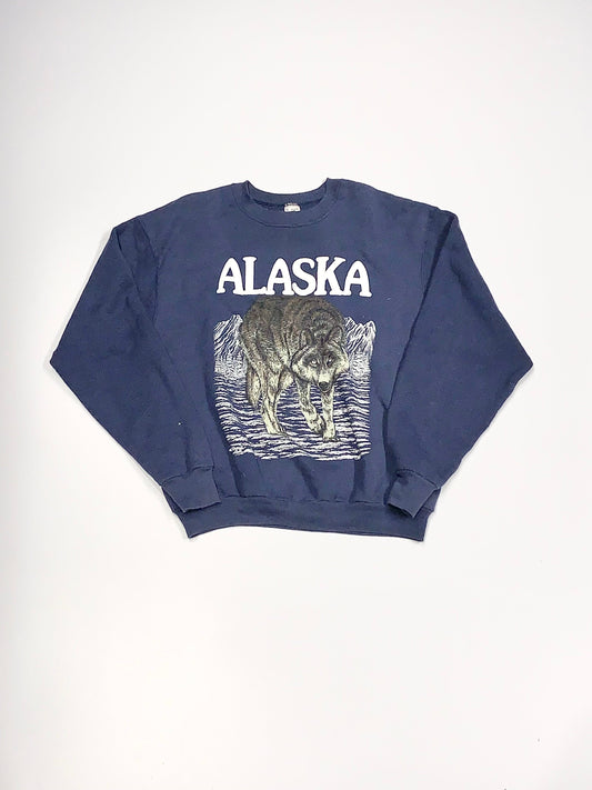 Vintage Alaska Wolf Crewneck Sweater Navy