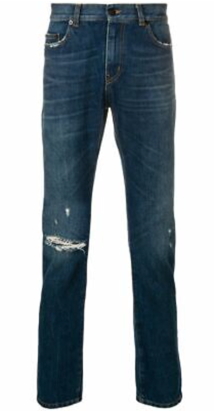 NWT Saint Laurent Men's Dark Blue Denim Knee Rip Distressed Skinny Jeans