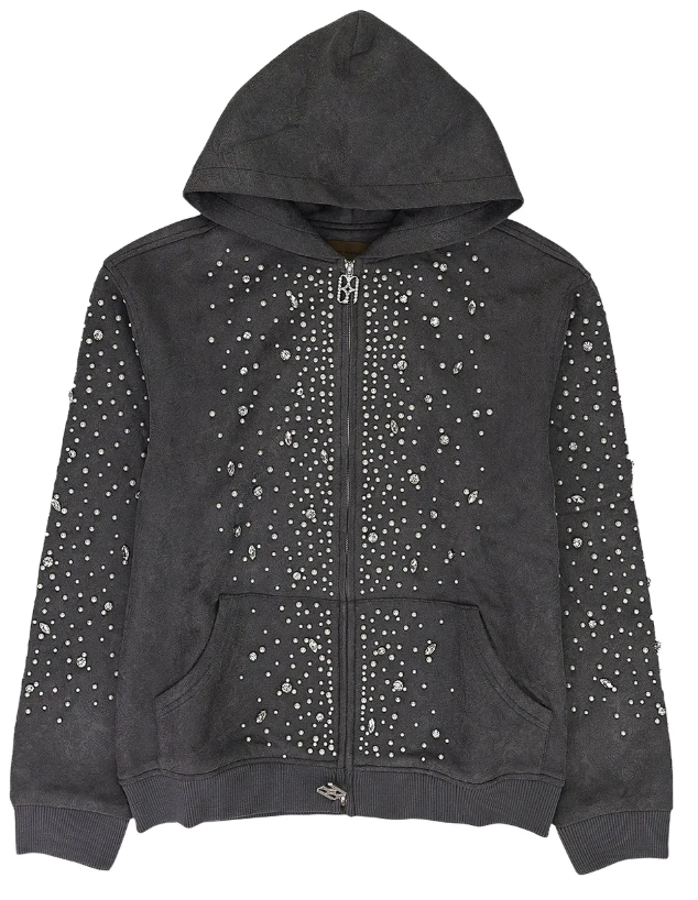 BIRTH OF ROYAL CHILD washed grey pearl-embellished zip-up hoodie