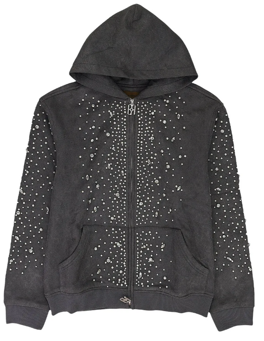 BIRTH OF ROYAL CHILD washed grey pearl-embellished zip-up hoodie