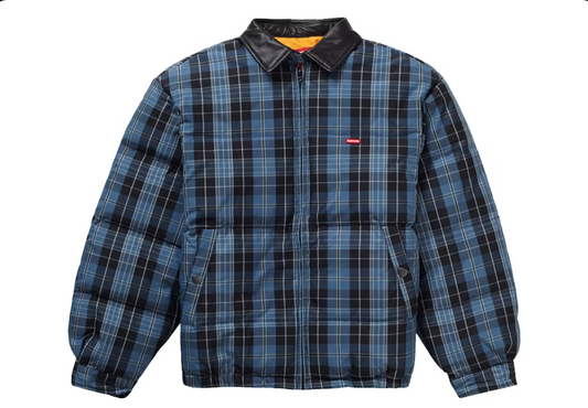 Supreme Leather Collar Puffy Jacket Blue Plaid