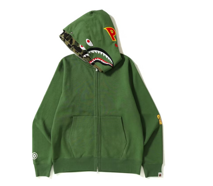 BAPE 2nd Shark Wide Full Zip Double Hoodie Green