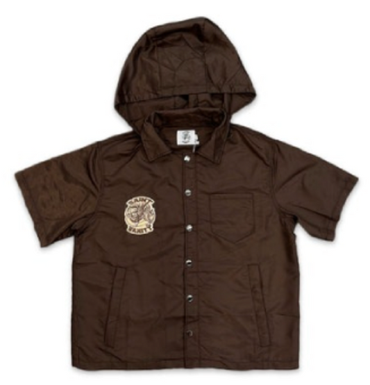 Saint Vanity Nylon Button Zip Up Hooded Shirt Brown