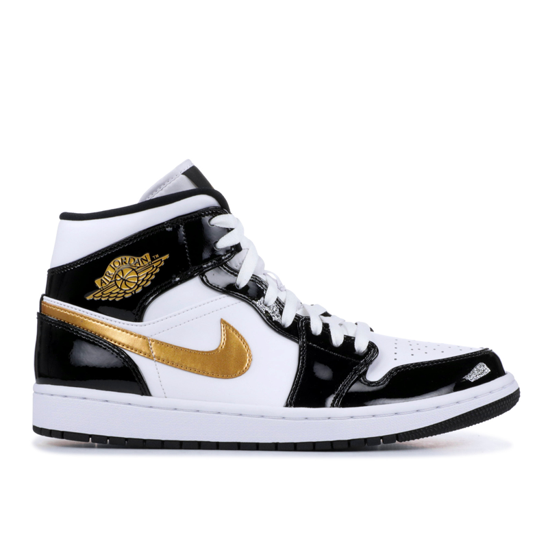 Jordan 1 Mid Patent Black White Gold