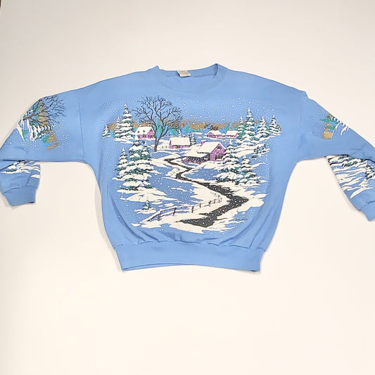 Vintage Winter Village Crewneck Sweater Blue